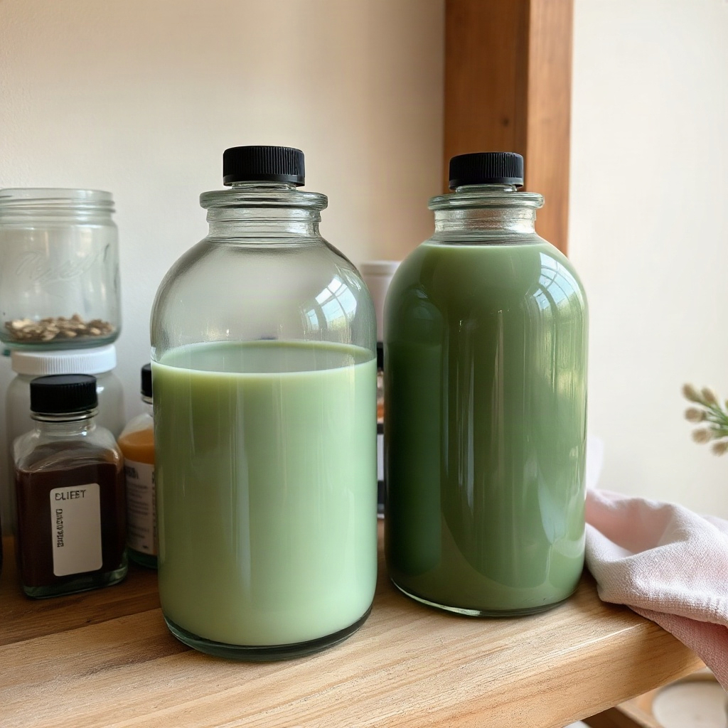 Glass jars of liquid dye on a studio shelf
